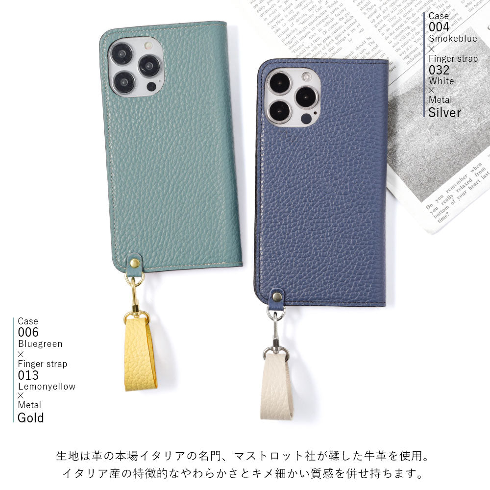 本革 32色 イタリアンシュリンクレザー フィンガーストラップ付き 手帳型ケース（ベルトあり）iPhoneシリーズ