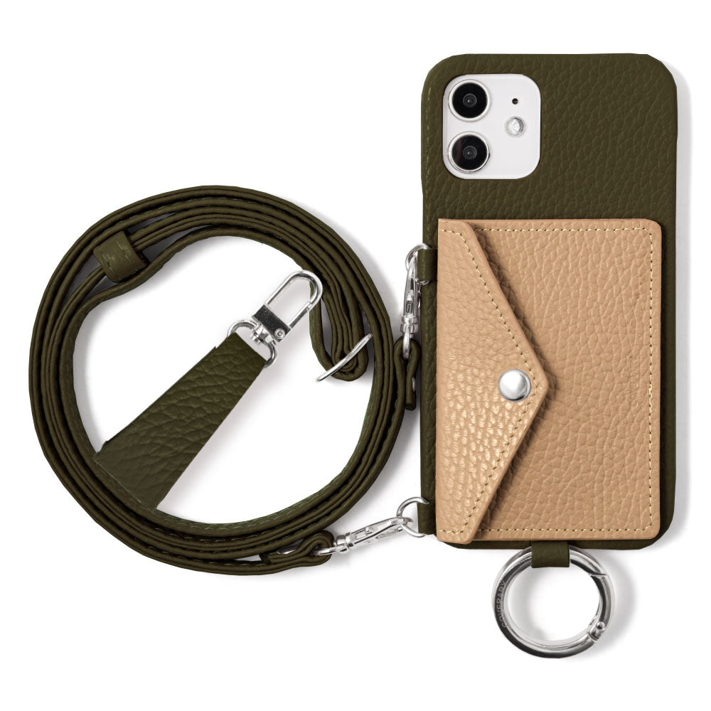 Genuine leather 32 colors Italian shrink leather letter-type card case with finger strap and shoulder strap back case