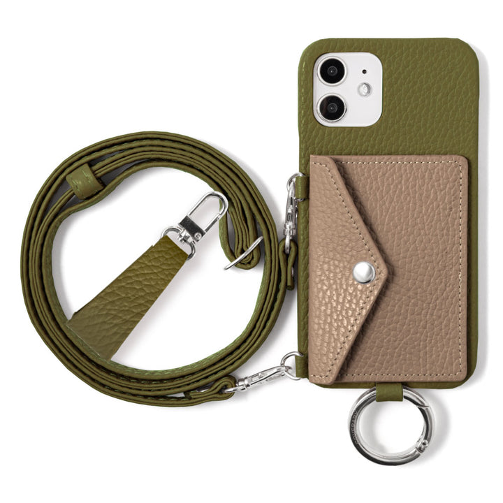 Genuine leather 32 colors Italian shrink leather letter-type card case with finger strap and shoulder strap back case