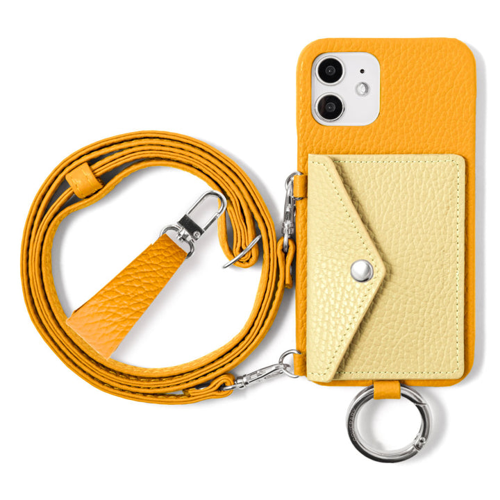 Genuine leather 32 colors Italian shrink leather letter-type card case with finger strap and shoulder strap back case