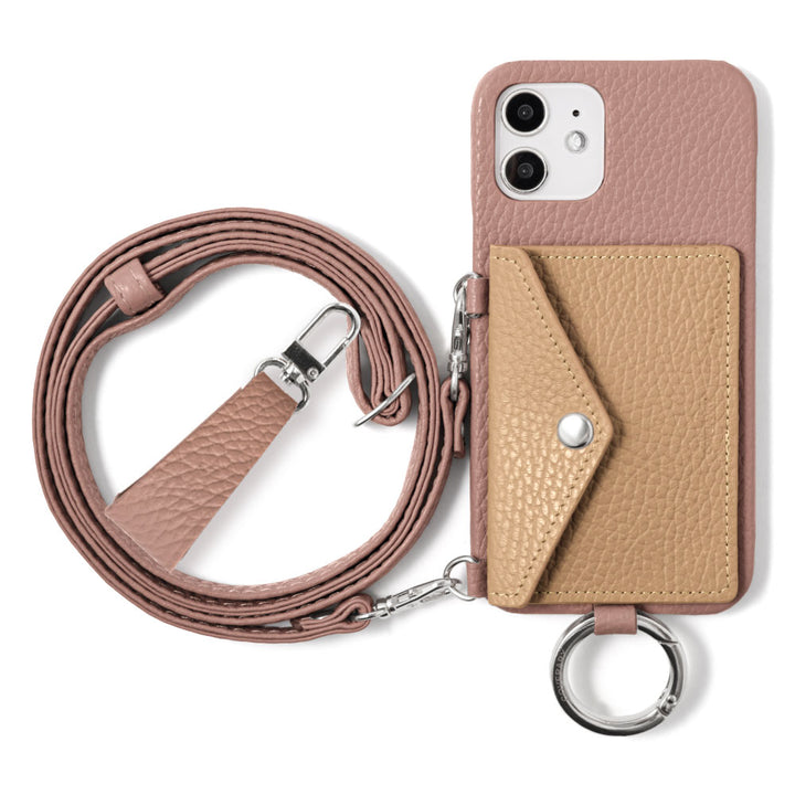 Genuine leather 32 colors Italian shrink leather letter-type card case with finger strap and shoulder strap back case