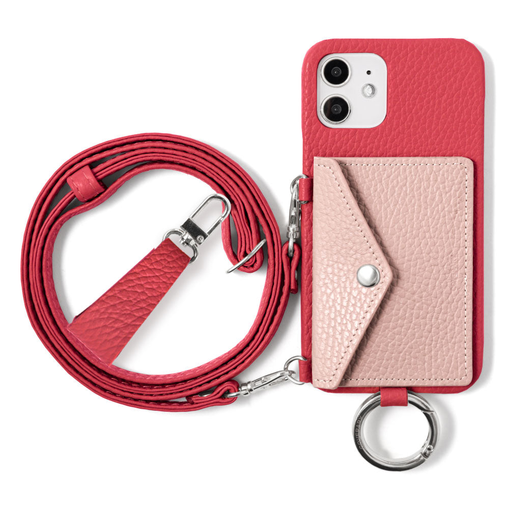 Genuine leather 32 colors Italian shrink leather letter-type card case with finger strap and shoulder strap back case