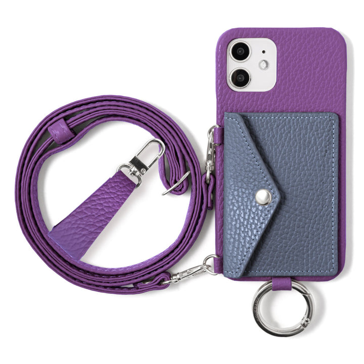 Genuine leather 32 colors Italian shrink leather letter-type card case with finger strap and shoulder strap back case