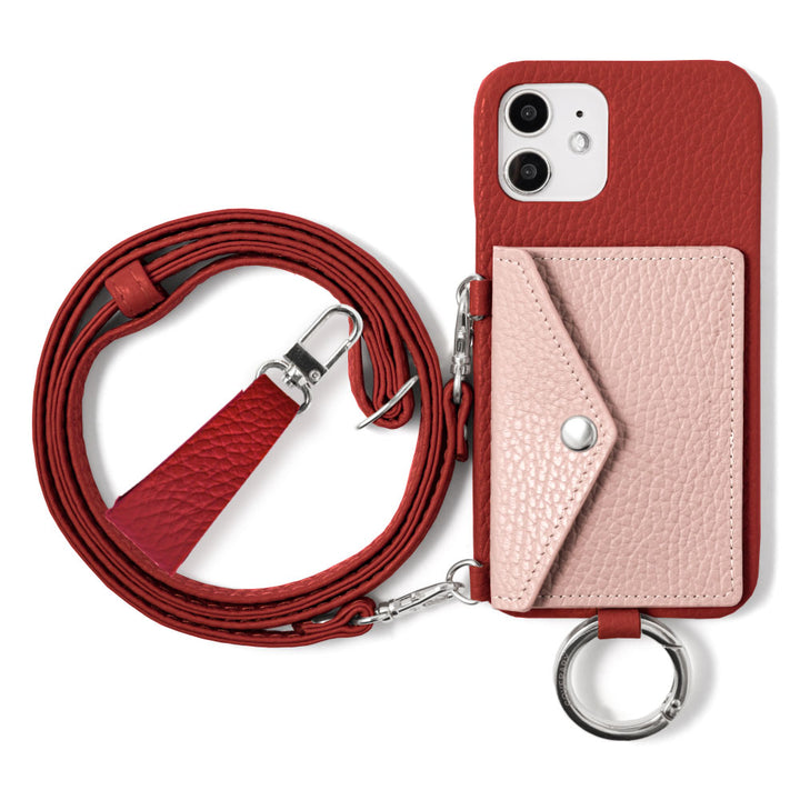 Genuine leather 32 colors Italian shrink leather letter-type card case with finger strap and shoulder strap back case