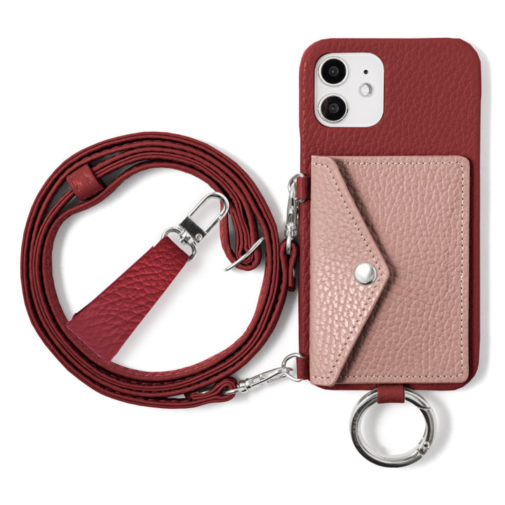 Genuine leather 32 colors Italian shrink leather letter-type card case with finger strap and shoulder strap back case