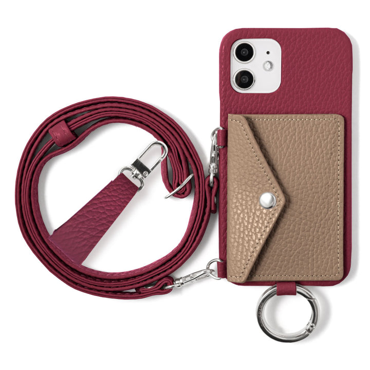 Genuine leather 32 colors Italian shrink leather letter-type card case with finger strap and shoulder strap back case