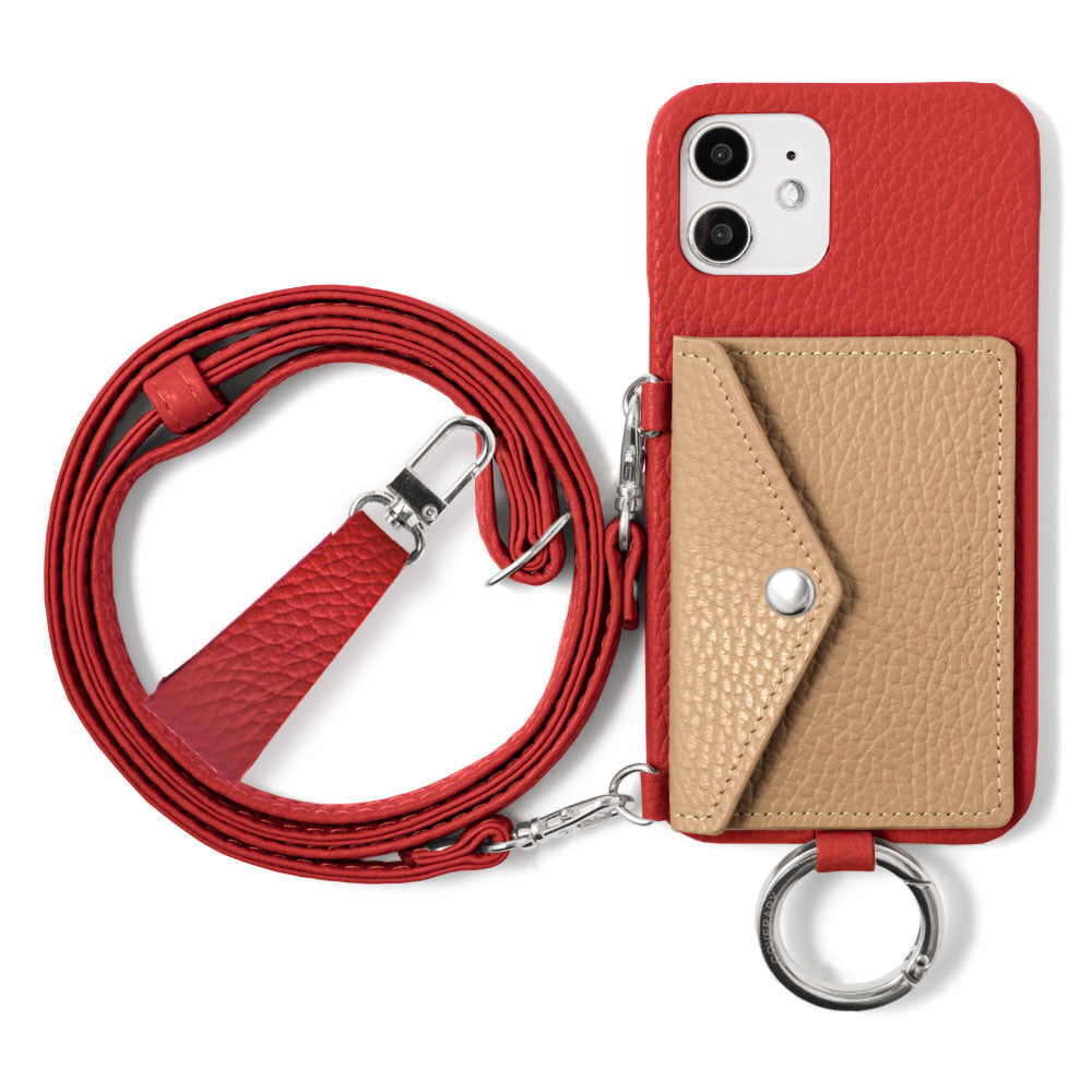 Genuine leather 32 colors Italian shrink leather letter-type card case with finger strap and shoulder strap back case