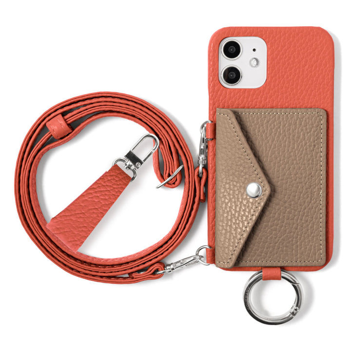 Genuine leather 32 colors Italian shrink leather letter-type card case with finger strap and shoulder strap back case