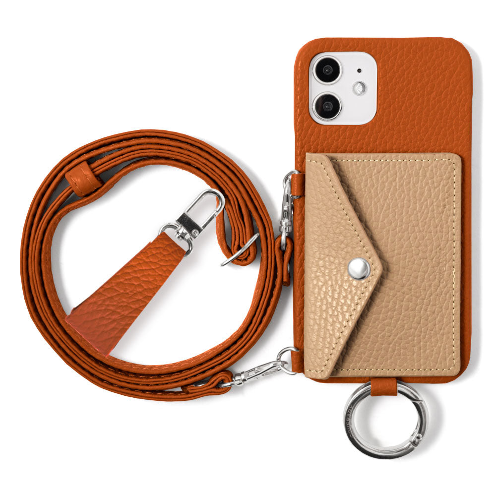 Genuine leather 32 colors Italian shrink leather letter-type card case with finger strap and shoulder strap back case