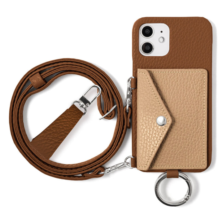 Genuine leather 32 colors Italian shrink leather letter-type card case with finger strap and shoulder strap back case