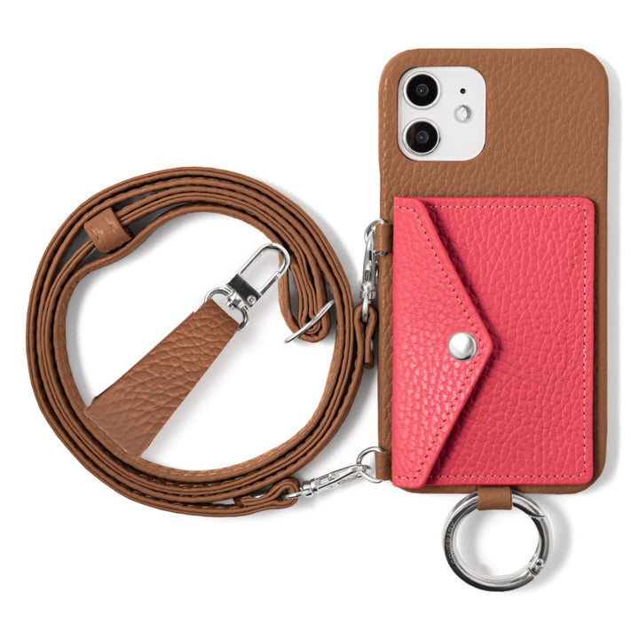 Genuine leather 32 colors Italian shrink leather letter-type card case with finger strap and shoulder strap back case