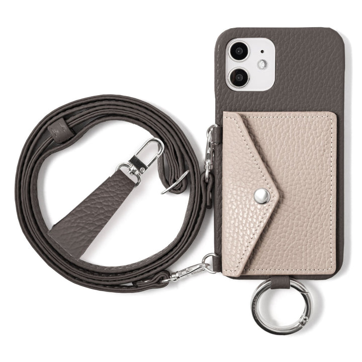 Genuine leather 32 colors Italian shrink leather letter-type card case with finger strap and shoulder strap back case