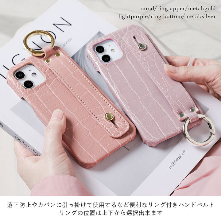 ヴィーガンレザー クロコ調 パステル ハンドベルト付き 背面ケース iPhoneシリーズ