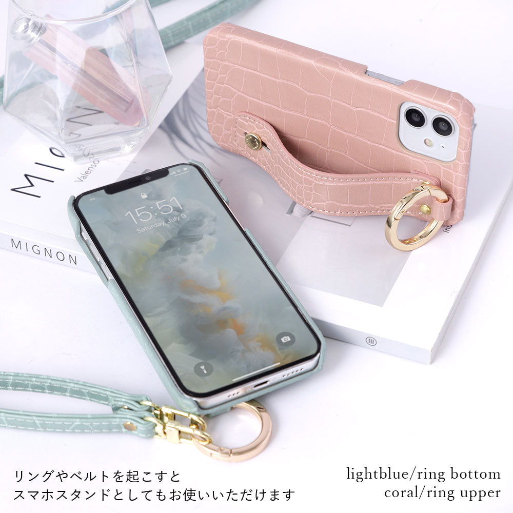 Vegan leather crocodile pattern pastel hand belt & shoulder strap attached back case AQUOS series