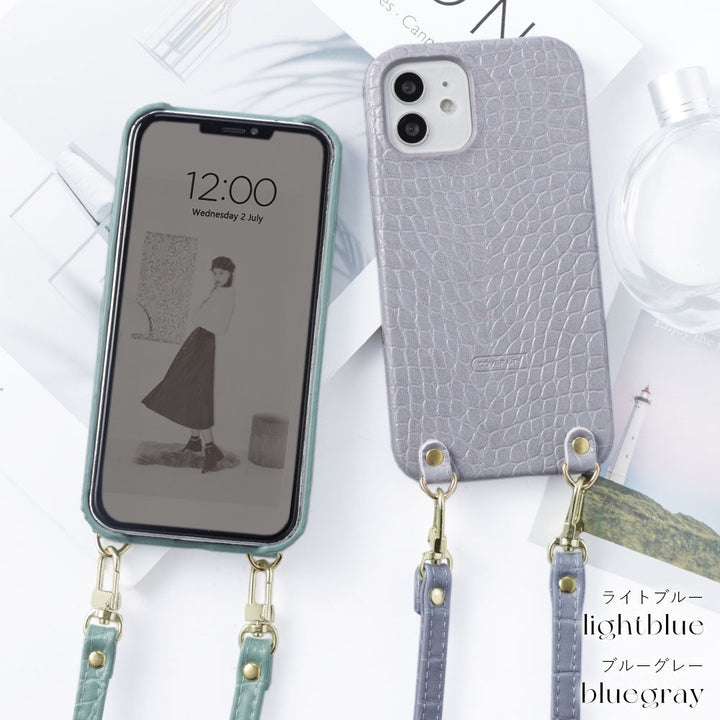 クロコ調 パステル ショルダーストラップ付き 背面ケース Xperiaシリーズ