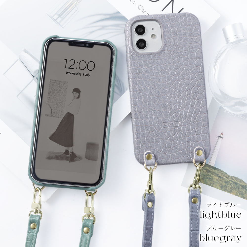 クロコ調 パステル ショルダーストラップ付き 背面ケース Galaxyシリーズ