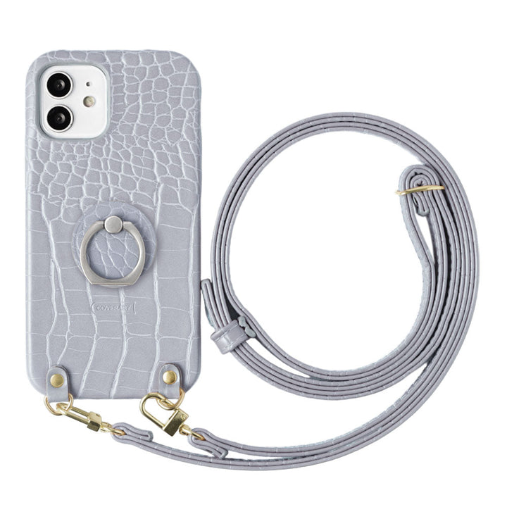 Vegan leather crocodile pattern pastel smartphone ring & shoulder strap attached back case for Google Pixel series
