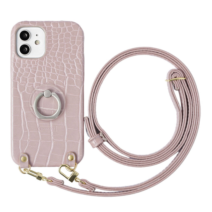 Étui arrière avec anneau pour smartphone et sangle d'épaule en cuir végan effet croco pastel pour la série Galaxy