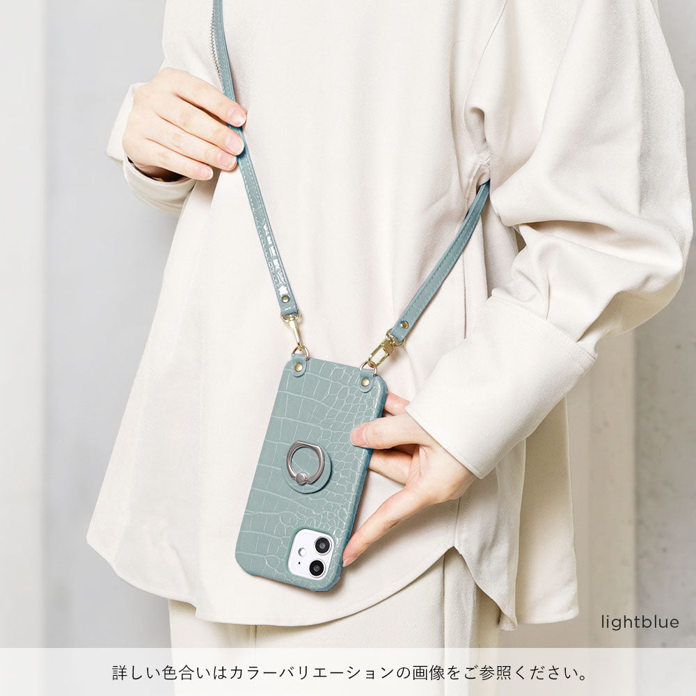 Étui arrière avec anneau pour smartphone et sangle d'épaule en cuir végan effet croco pastel pour la série Galaxy