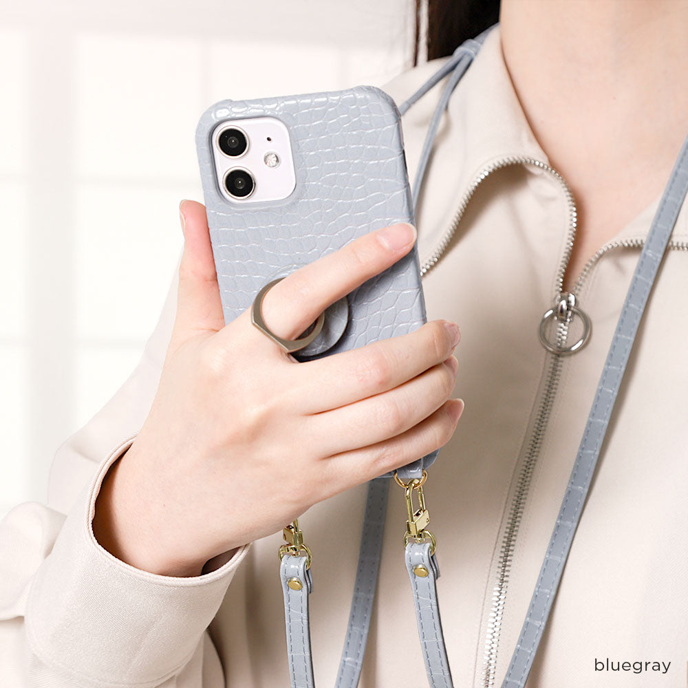 Étui arrière avec anneau pour smartphone et sangle d'épaule en cuir végan effet croco pastel pour la série Galaxy