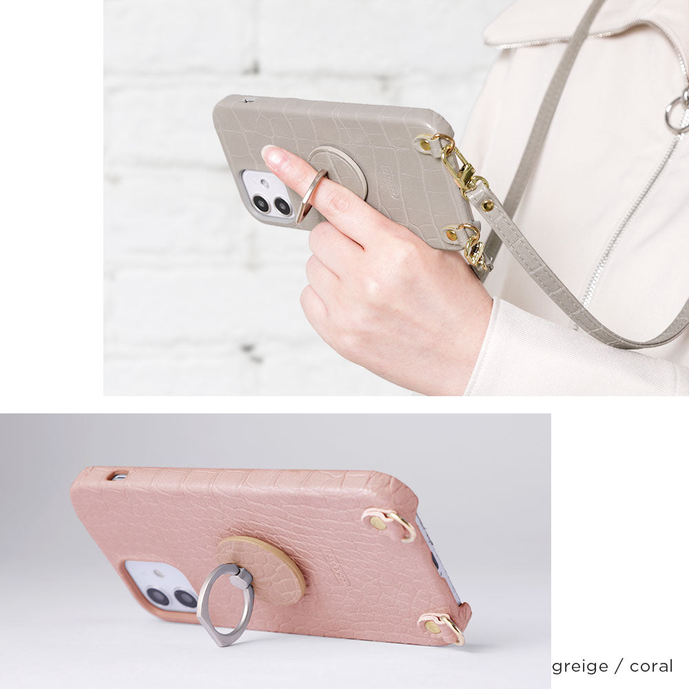 Étui arrière avec anneau pour smartphone et sangle d'épaule en cuir végan effet croco pastel pour la série Galaxy