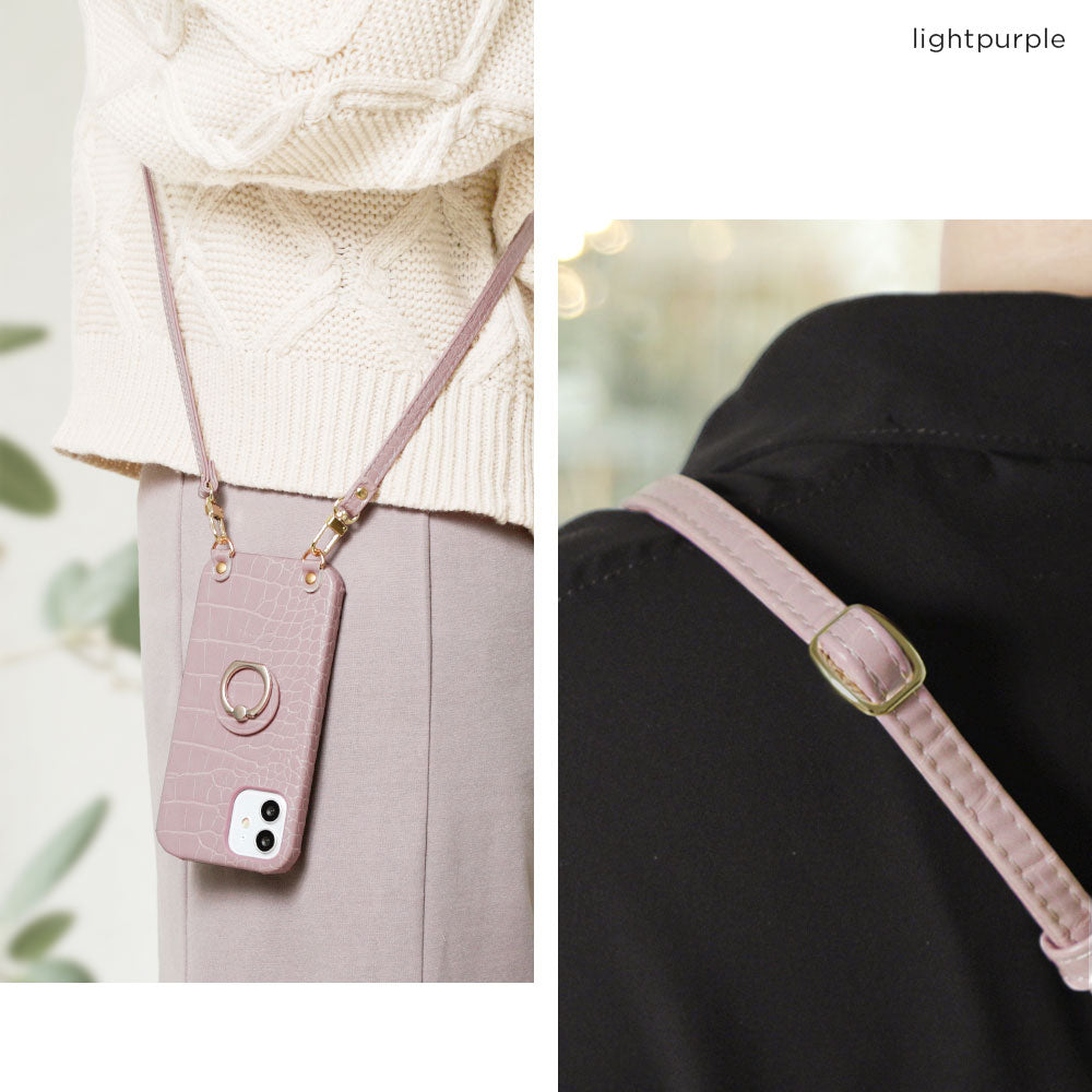 Étui arrière avec anneau pour smartphone et sangle d'épaule en cuir végan effet croco pastel pour la série Galaxy