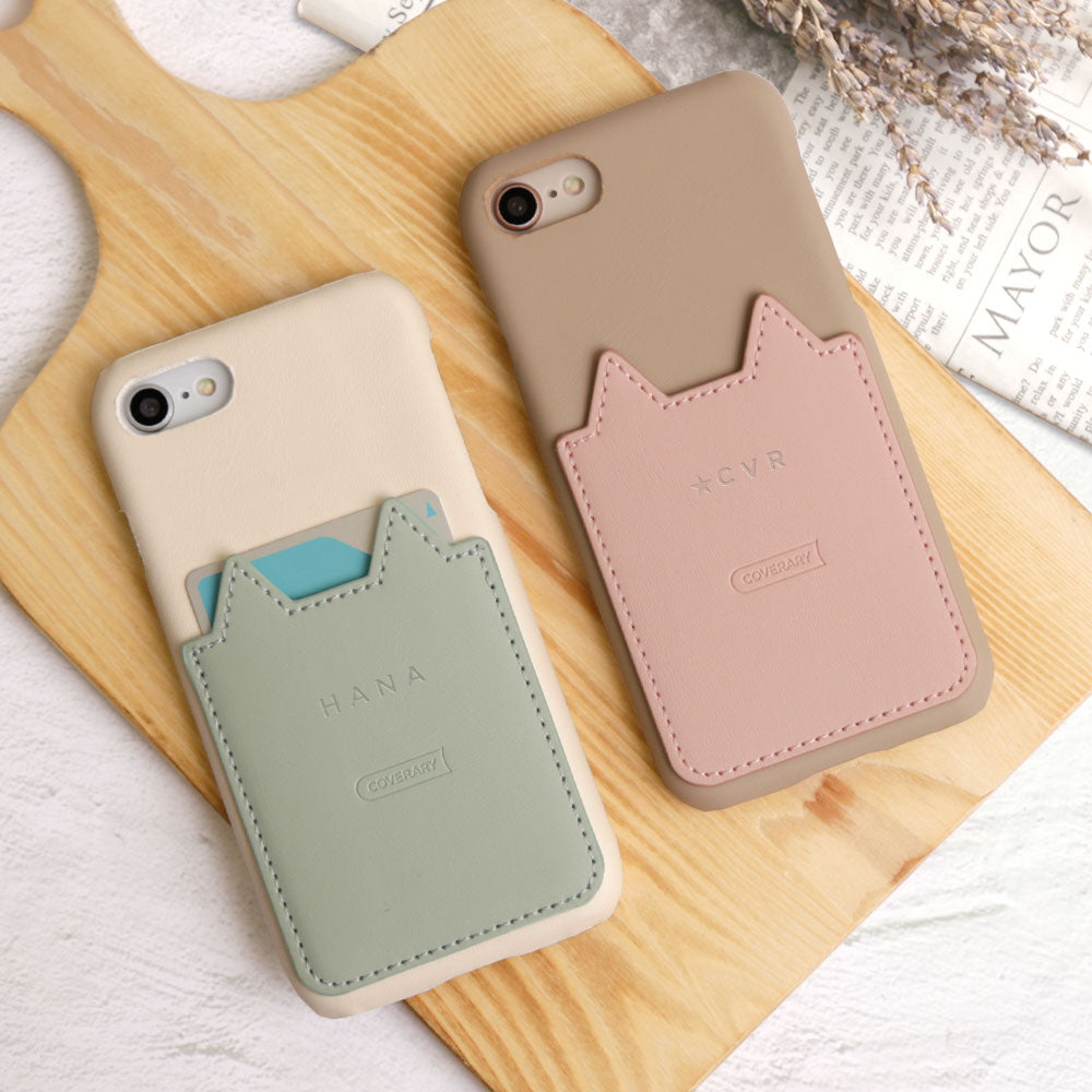 Vegan leather cat-shaped pocket back case with name engraving for Xperia series