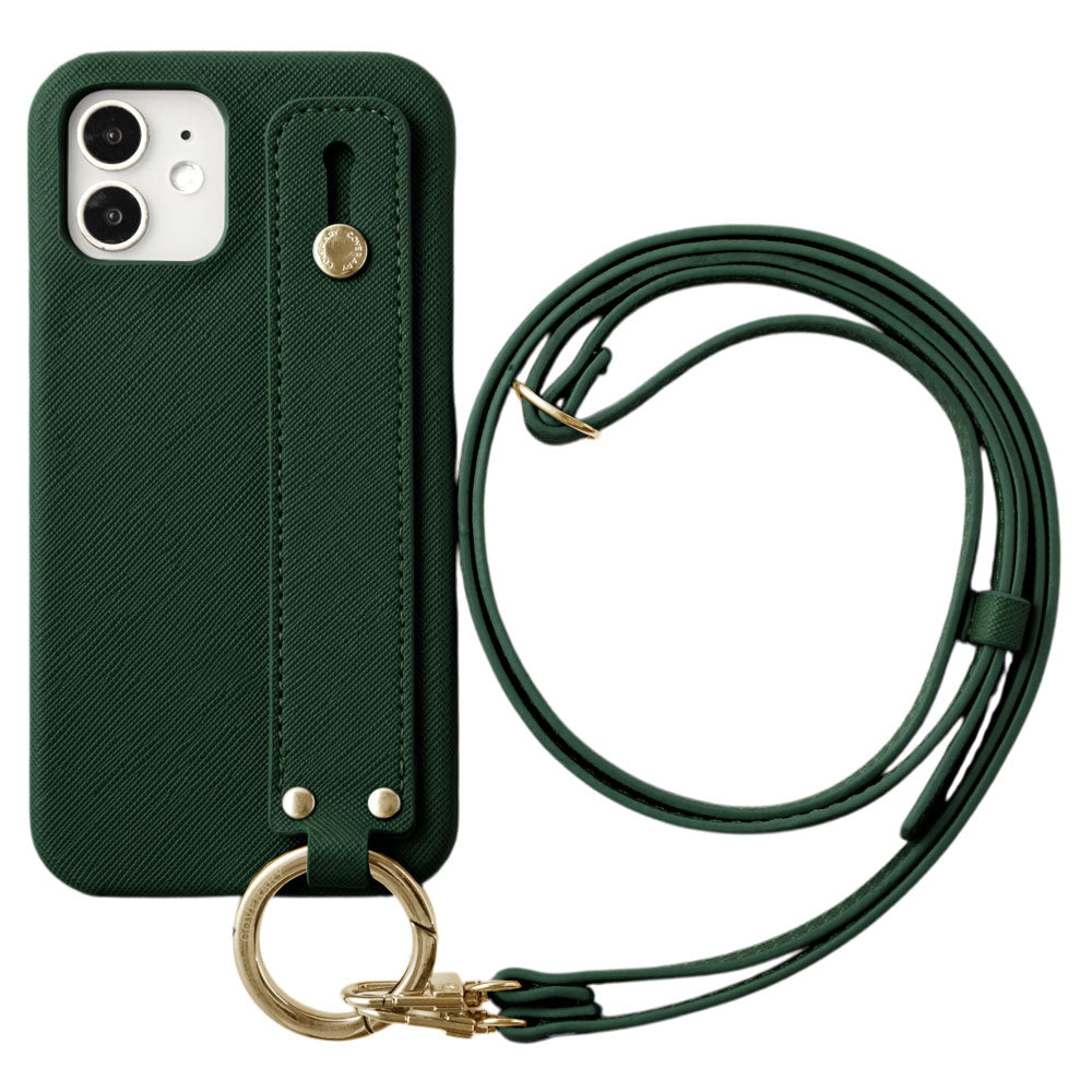Étui arrière avec ceinture à main classique en cuir végan et bandoulière pour la série iPhone