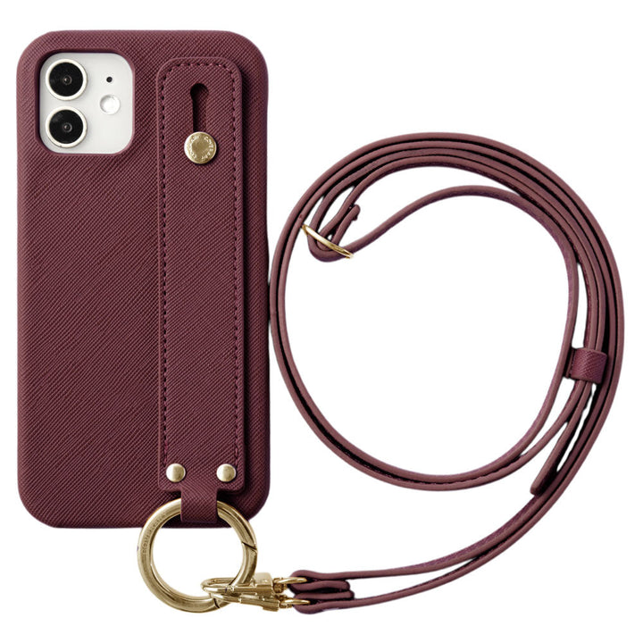 Étui arrière avec ceinture à main classique en cuir végan et bandoulière pour la série iPhone