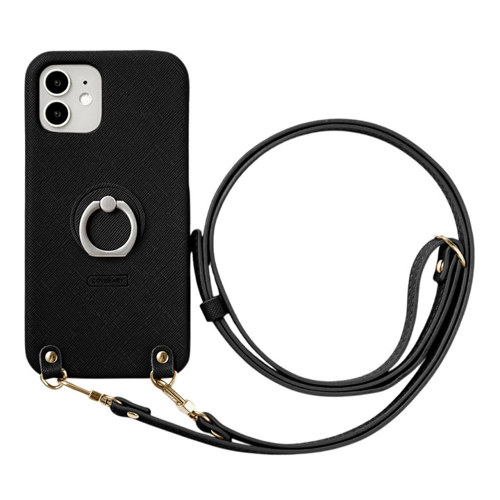 Vegan Leather Classic Smartphone Ring & Shoulder Strap Attached Back Case
