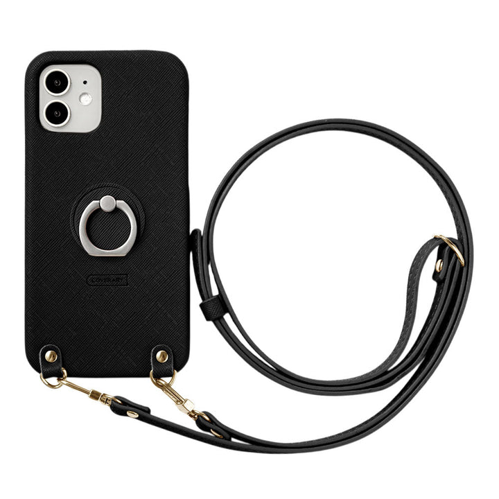Vegan Leather Classic Smartphone Ring & Shoulder Strap Back Case for iPhone Series