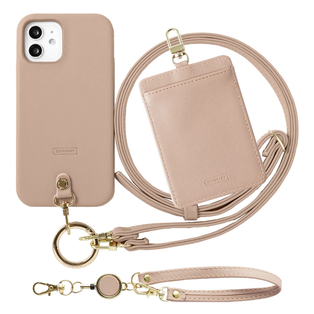 ヴィーガンレザー くすみパステル ショルダーストラップ＆リール付きパスケースセット 背面ケース AQUOSシリーズ