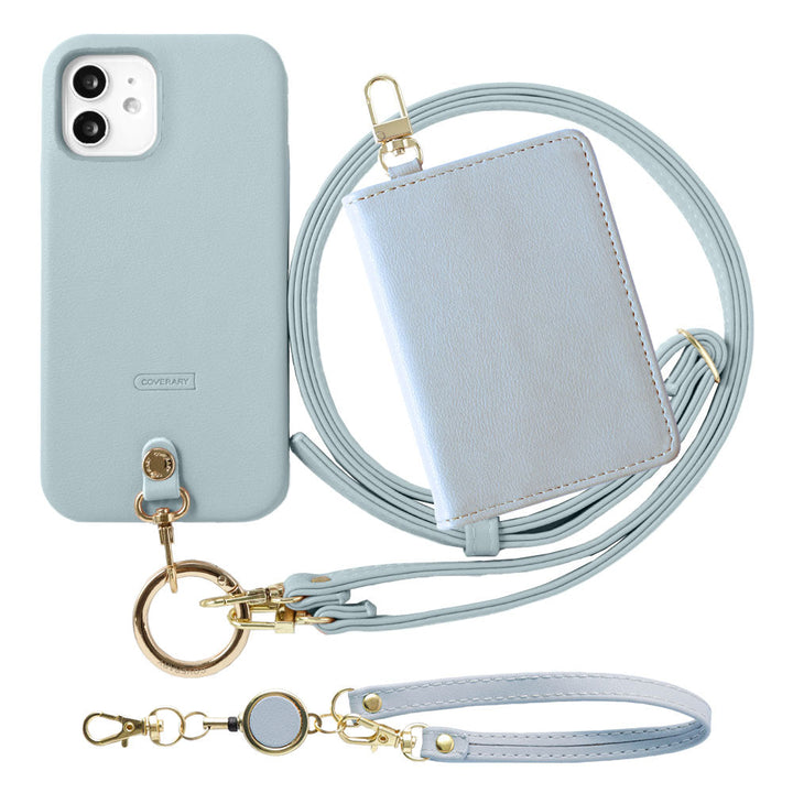 Ensemble porte-passe pliable avec sangle d'épaule en cuir végan pastel terne et enrouleur, coque arrière pour série Xperia