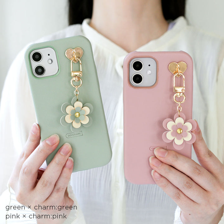 Vegan leather muted pastel with flower charm back case AQUOS series