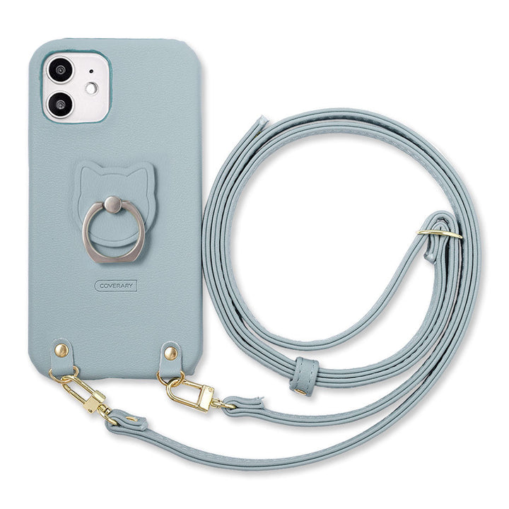 Vegan leather muted pastel cat smartphone ring with shoulder strap back case for iPhone series