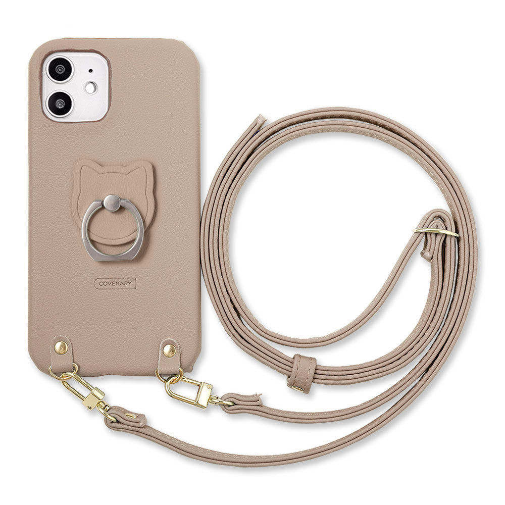 Vegan leather muted pastel cat smartphone ring with shoulder strap back case AQUOS series