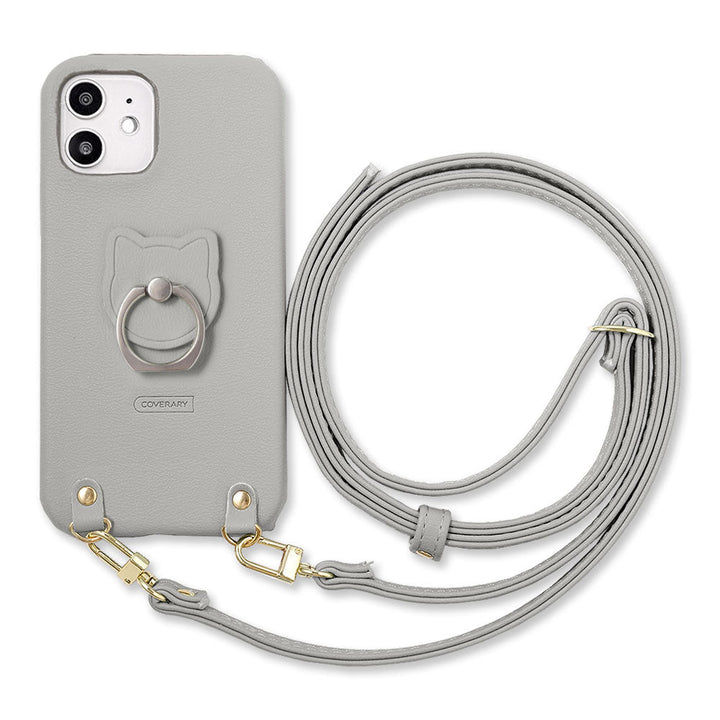 Vegan leather muted pastel cat smartphone ring with shoulder strap back case for iPhone series