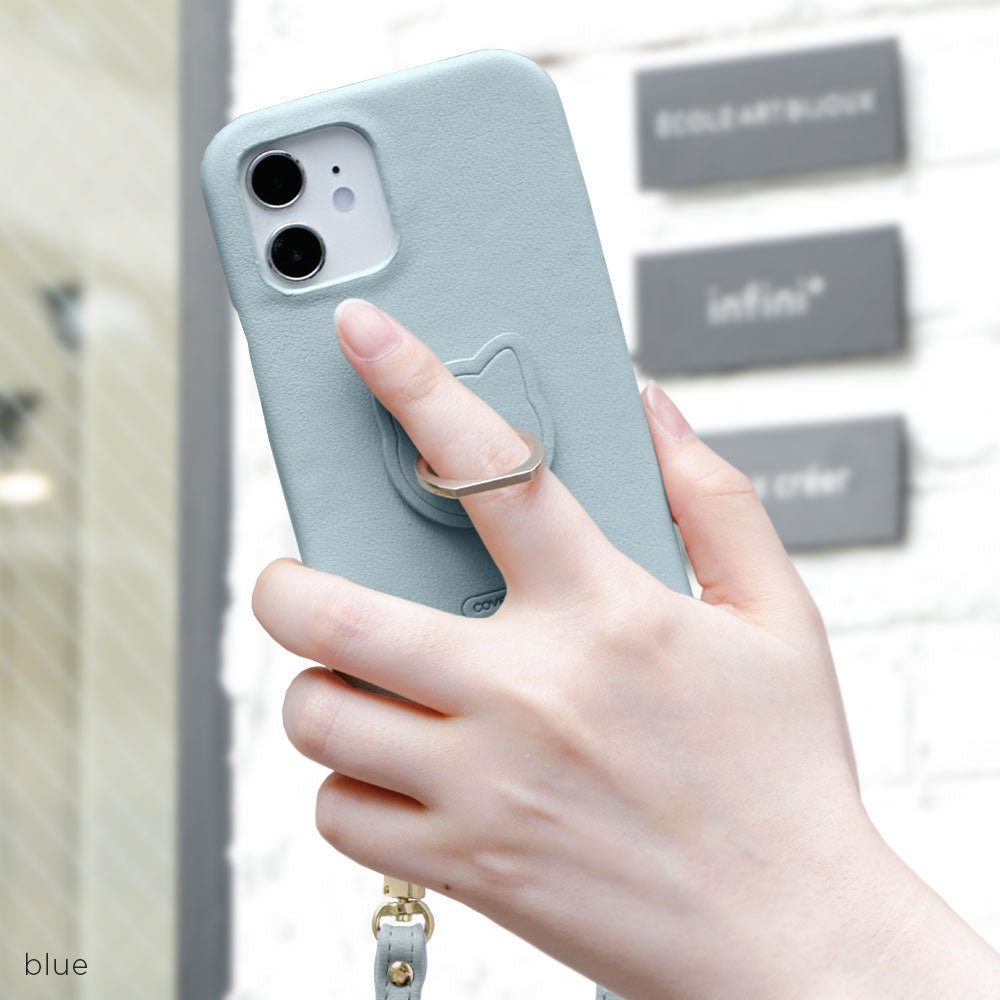 Vegan leather muted pastel cat smartphone ring with shoulder strap back case AQUOS series
