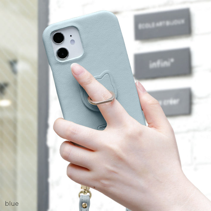 Vegan leather muted pastel cat smartphone ring with shoulder strap back case AQUOS series
