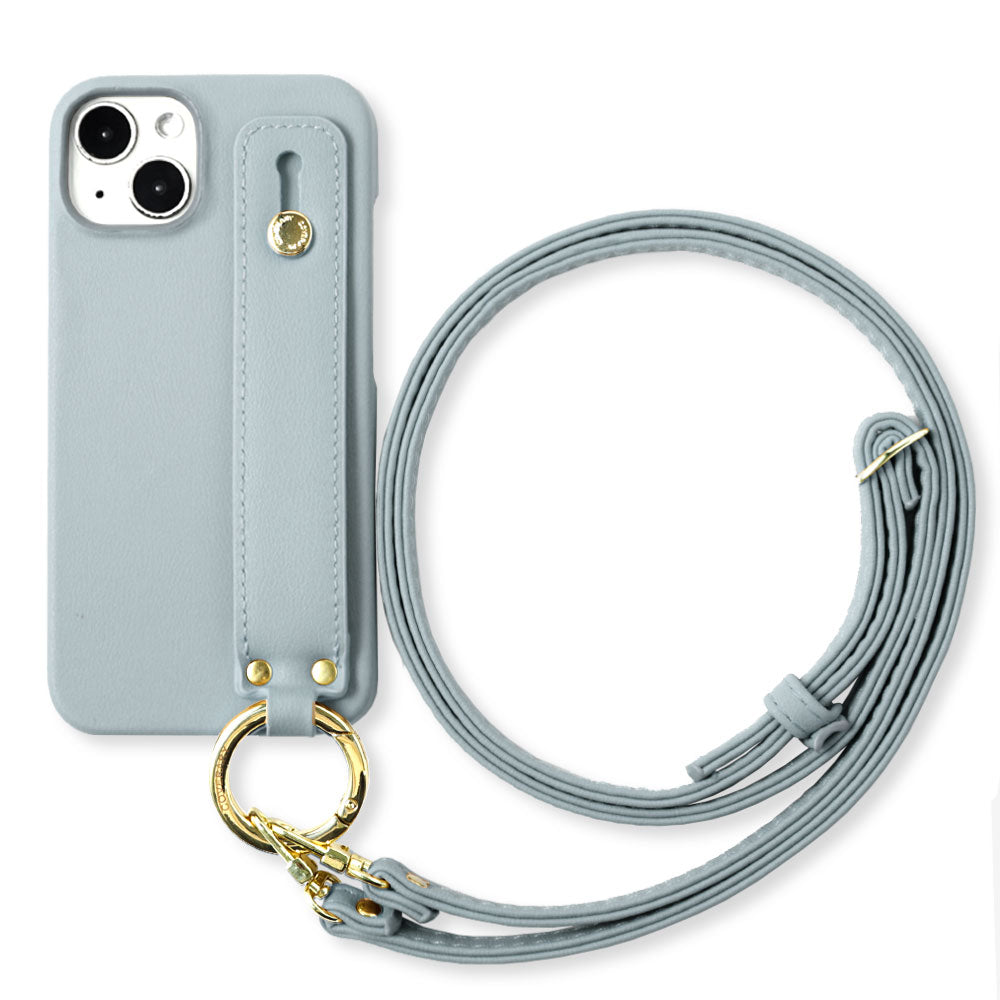 Vegan leather muted pastel hand belt & shoulder strap attached back case for iPhone series