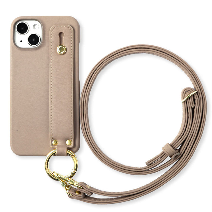 Vegan leather muted pastel hand belt & shoulder strap attached back case for iPhone series