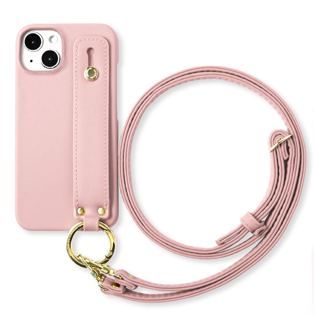 Vegan leather muted pastel hand belt & shoulder strap attached back case for iPhone series