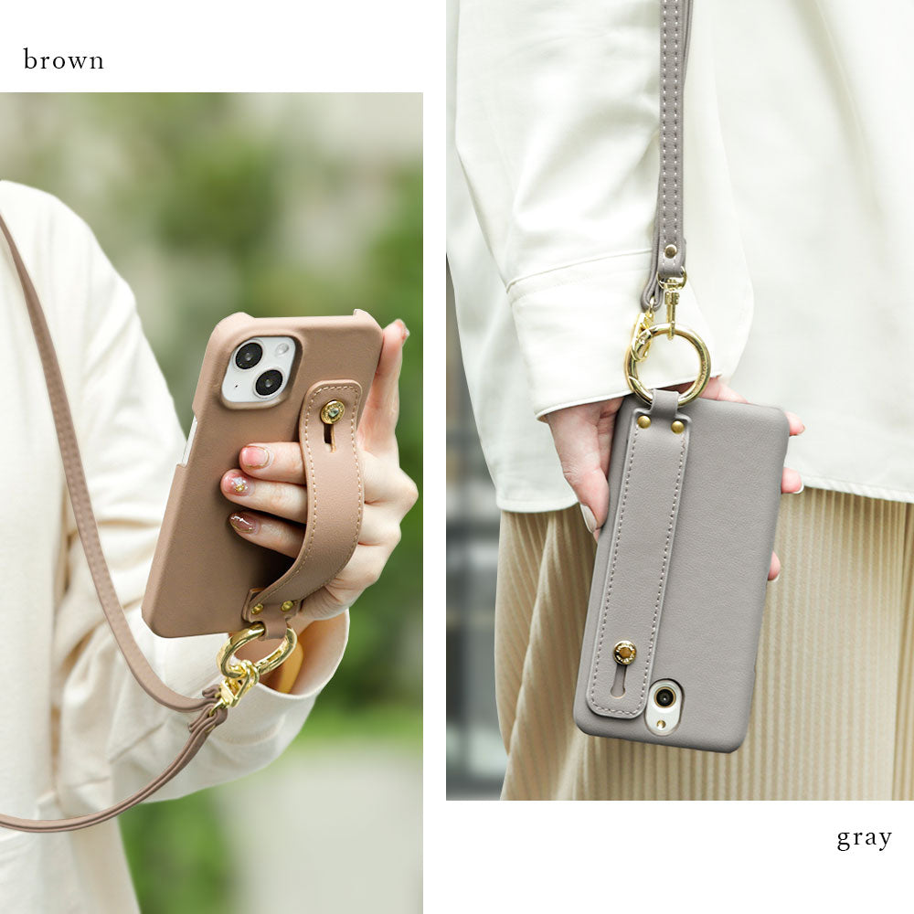 Vegan leather muted pastel hand belt & shoulder strap attached back case for iPhone series