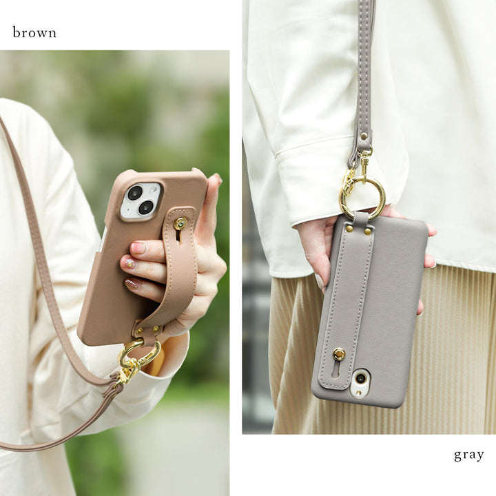 Vegan leather muted pastel hand belt & shoulder strap attached back case for iPhone series