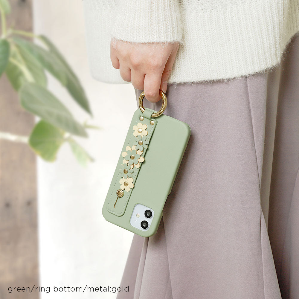 Vegan leather muted pastel flower decoration with hand belt back case AQUOS series