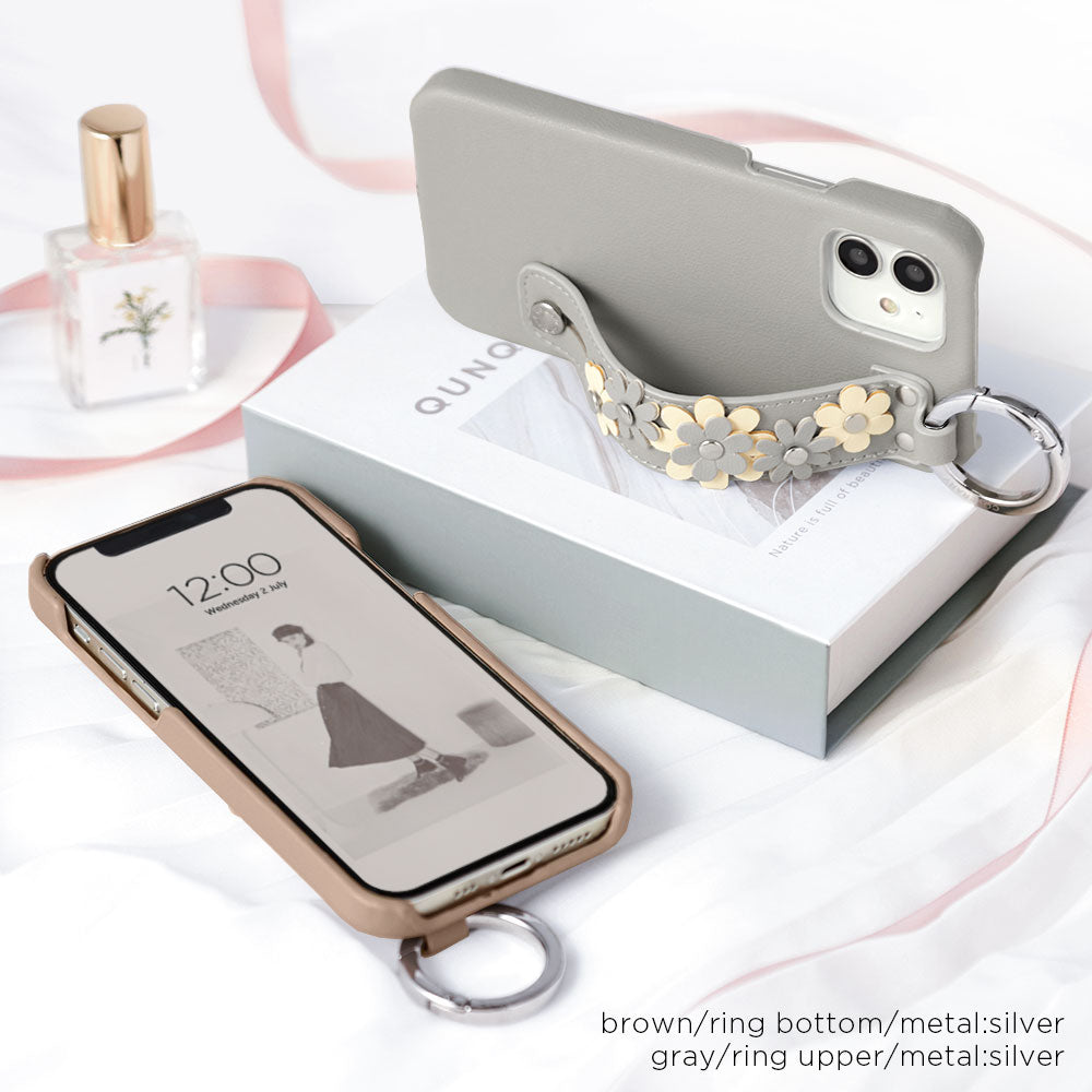 Vegan leather muted pastel flower decoration with hand belt back case AQUOS series