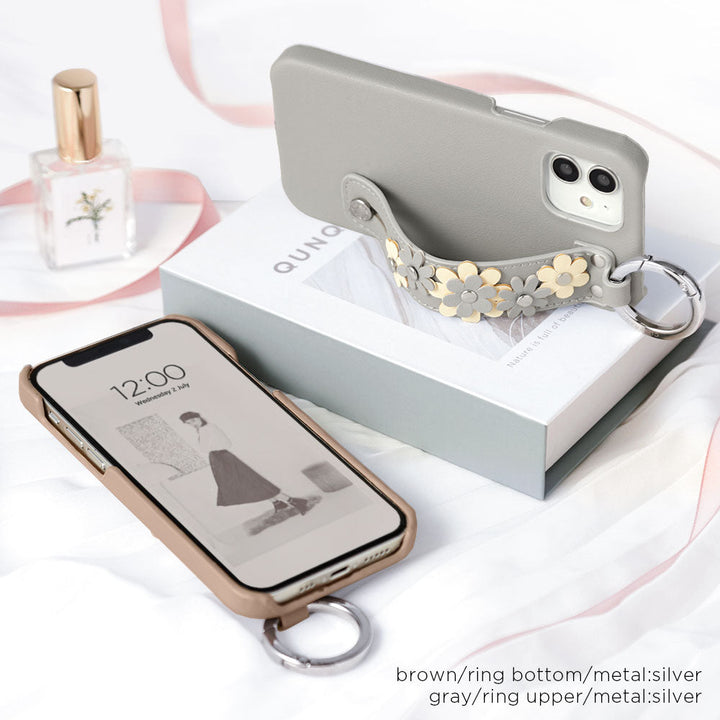 Vegan leather muted pastel flower decoration with hand belt back case AQUOS series