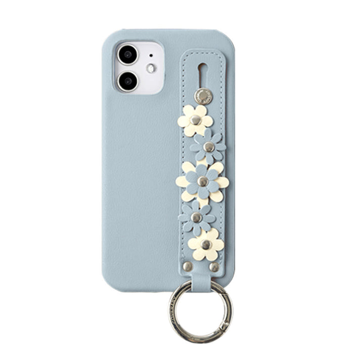 Vegan leather muted pastel flower decoration with hand belt back case AQUOS series