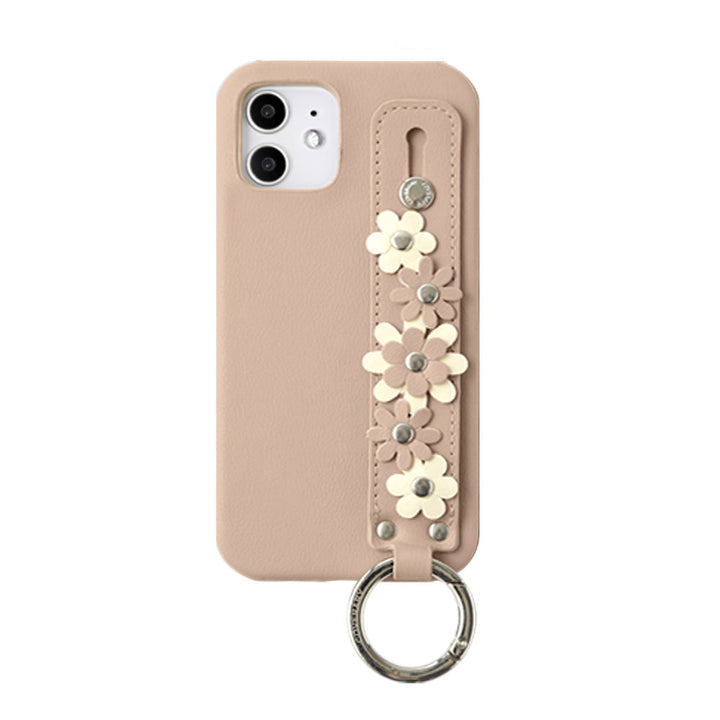Vegan leather muted pastel flower decoration with hand belt back case AQUOS series