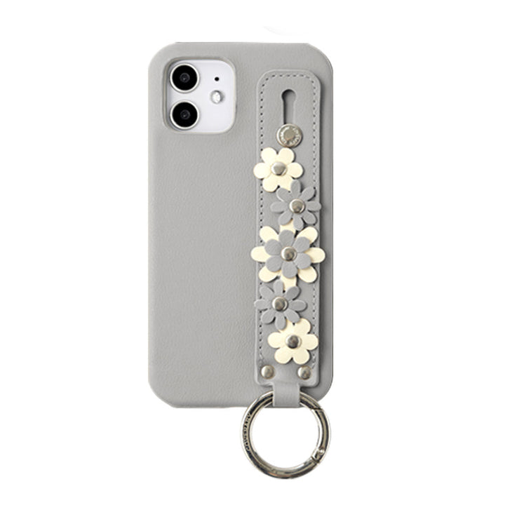 Vegan leather muted pastel flower decoration with hand belt back case AQUOS series